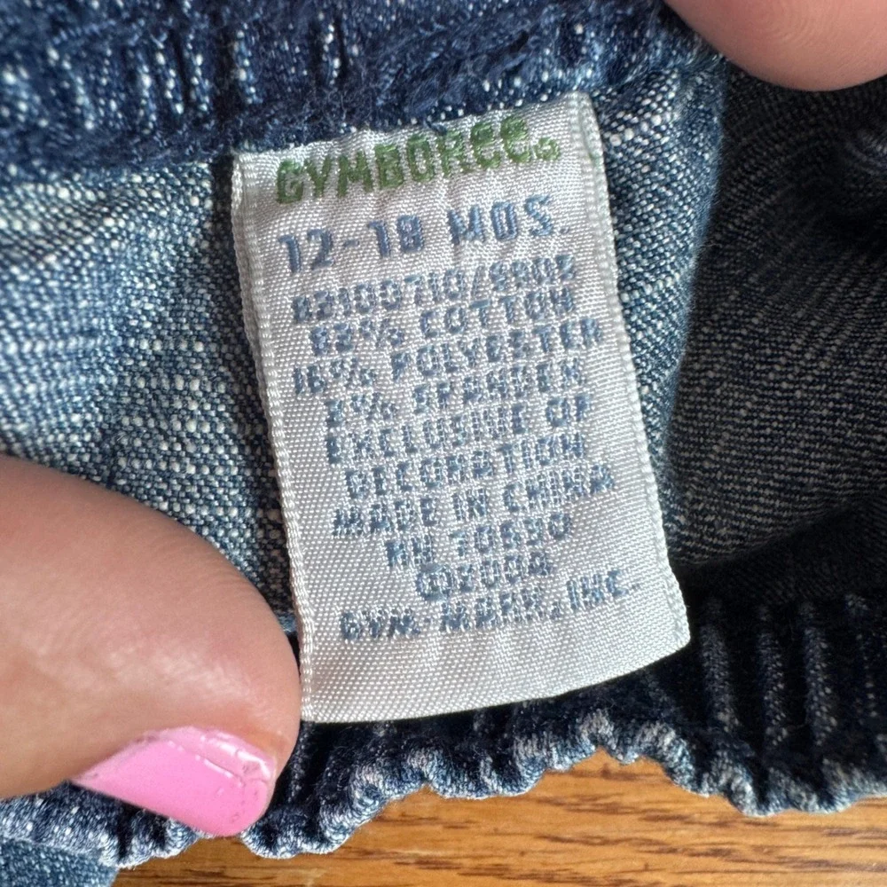 Vintage 2004 Gymboree Sock Monkey Denim Cargo Pants Blue Snap Inseam Baby 12-18M